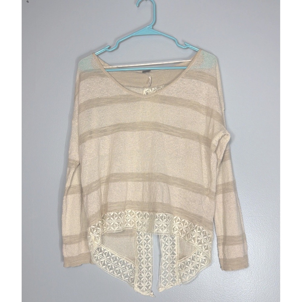 Free People Boho Lace Gauzy Relaxed Split Back Cream Granola Blouse Shirt XS